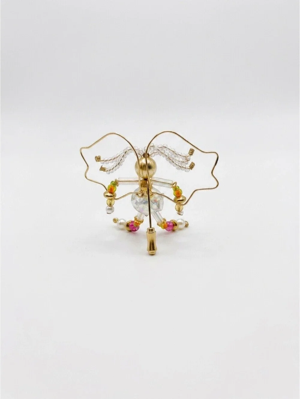 Handcrafted Wire Angel Brooch Pin Glass Crystal Bead Gold Tone Artisan OOAK
